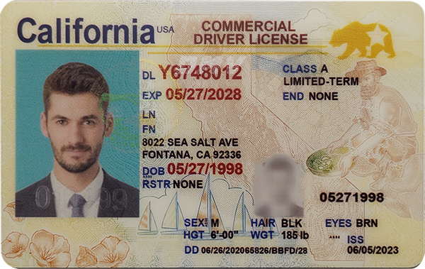 California Commercial Driver License (CDL) with ID number, photo, address, and Class A designation